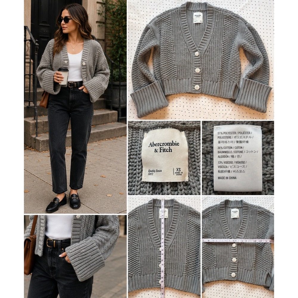 Abercrombie & Fitch XS Gray Chunky Knit Cropped Cardigan Oversized Cuff Preppy